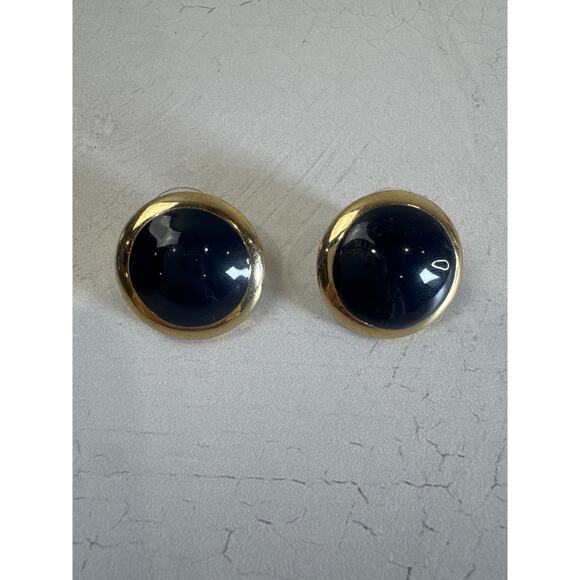 Vintage Monet 90s Blue and‎ Gold Tone Round Earrings - Picture 1 of 4